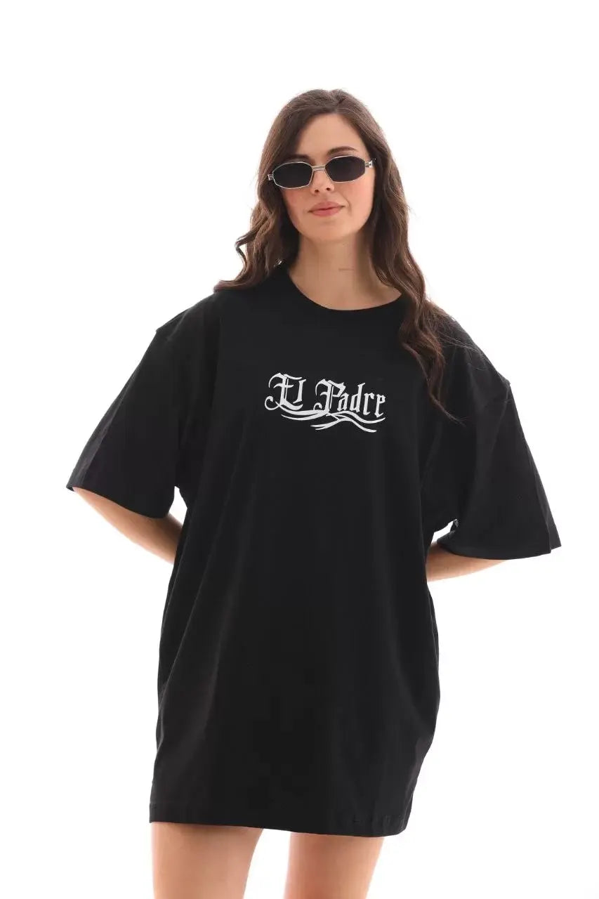 Unisex Bisiklet Yaka Baskılı Oversize T-Shirt - Siyah