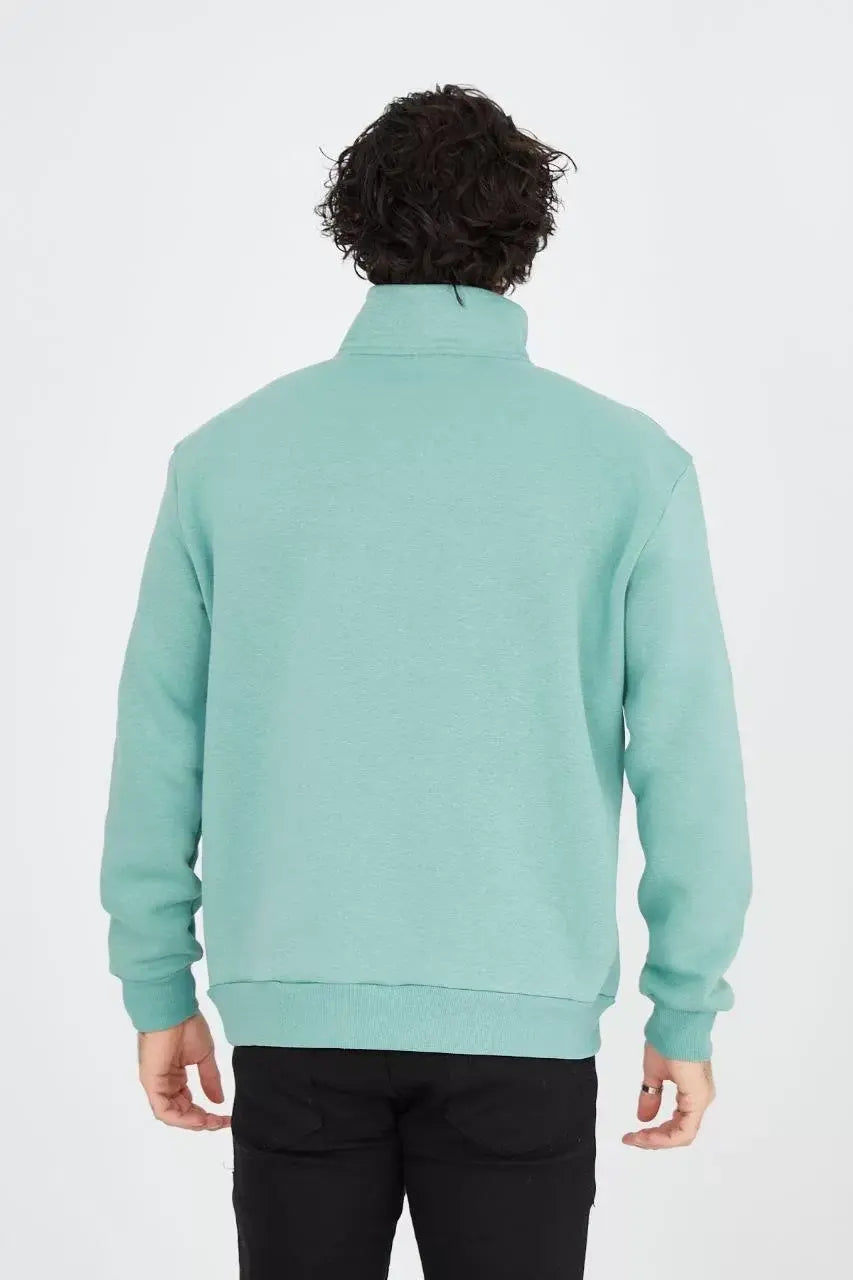 Erkek Yarım Fermuarlı Baskılı Sweat - Mint Yeşili