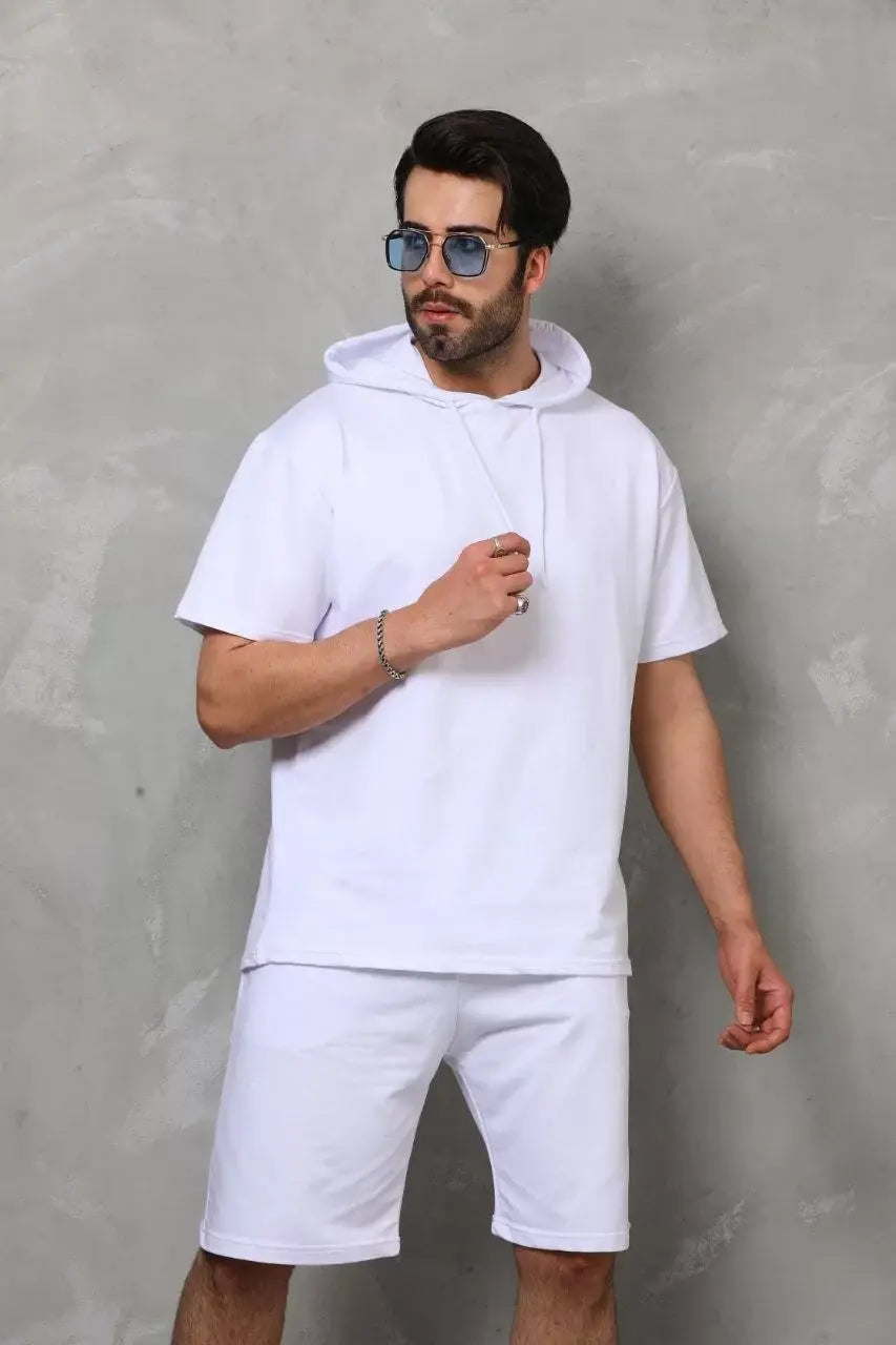 Unisex Kapşonlu Oversize T-Shirt Şortlu Takım - Beyaz