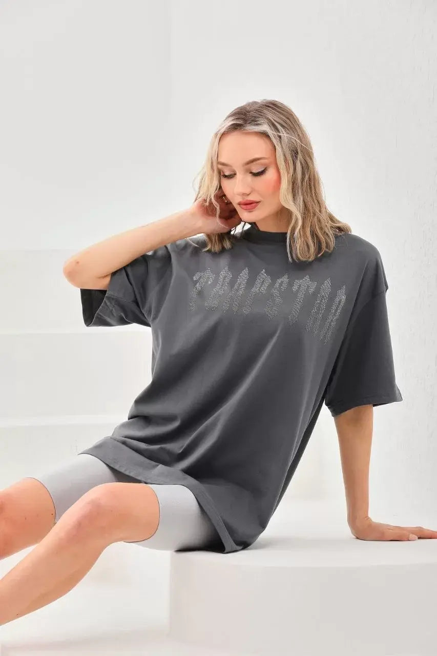 Unisex Taş Desenli Oversize T-Shirt - Füme