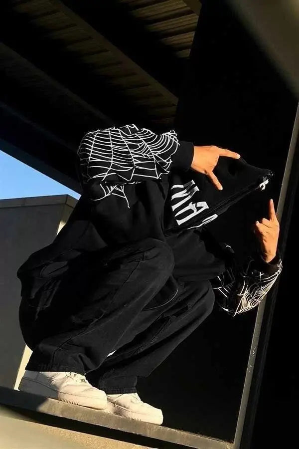 Üç İplik Erkek Bape Spider Baskılı Oversize Hırka - Siyah