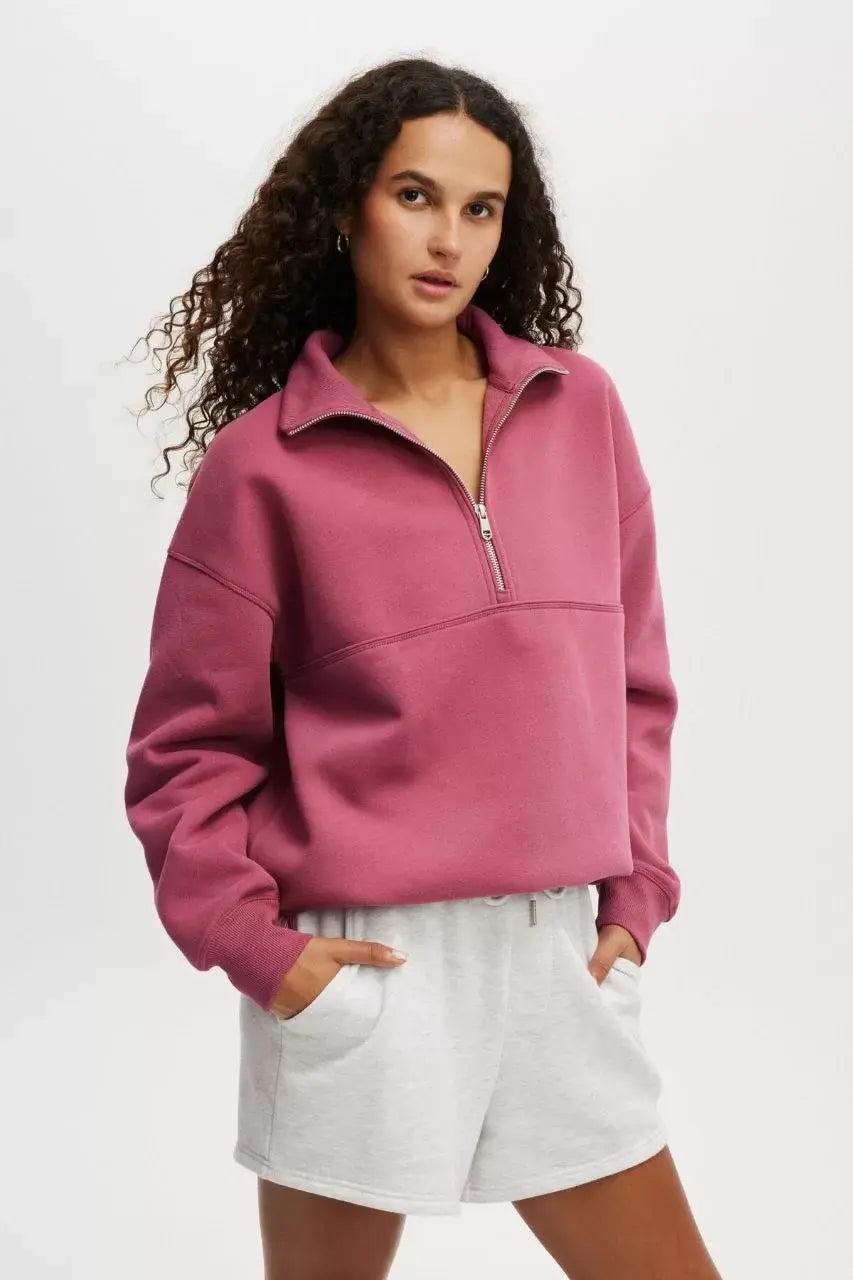 Oversize Yarım Farmuarlı Yakalı Basic SweatShirt - Gül Kurusu