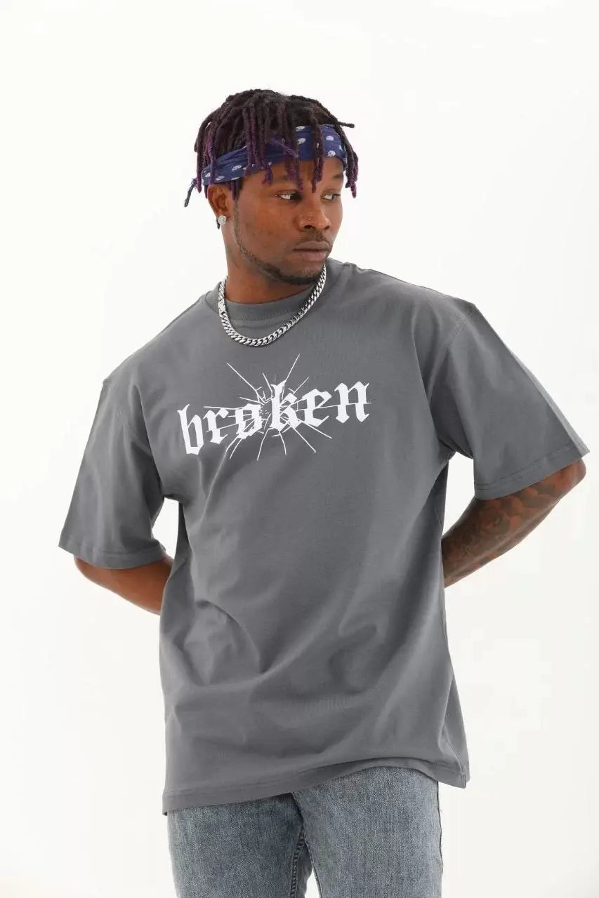 Unisex Oversize Baskılı Bisiklet Yaka T-Shirt - Füme