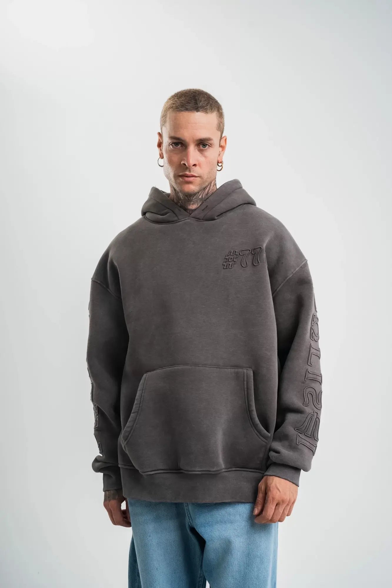 Kapşonlu Double Oversize Yıkamalı Evalı Nakışlı SweatShirt - Füme