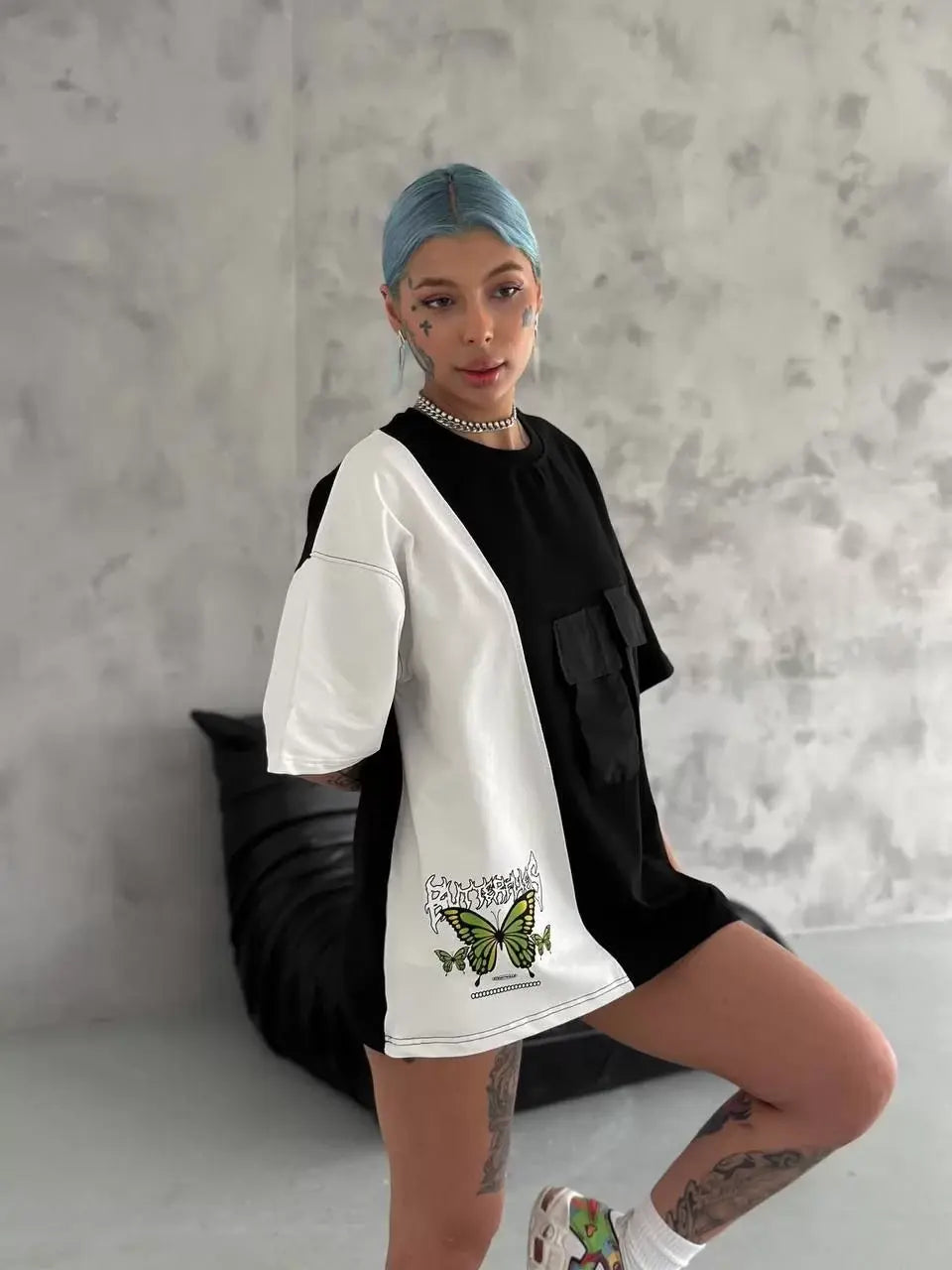 Unisex Bisiklet Yaka Baskılı Cepli Oversize T-Shirt - Siyah