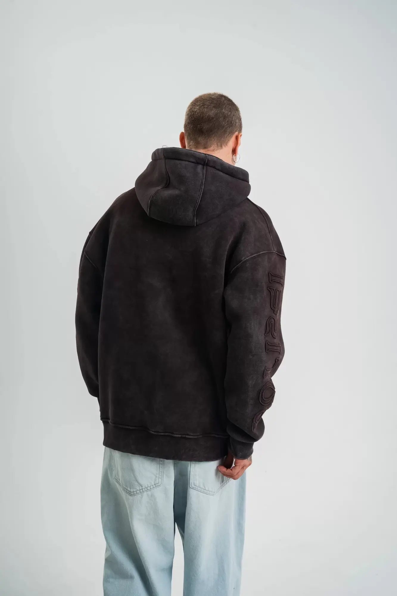 Kapşonlu Double Oversize Yıkamalı Evalı Nakışlı SweatShirt - Kahve