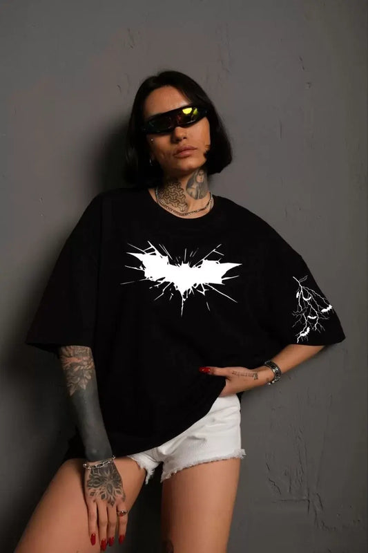 Unisex Ön ve Kol Baskılı Oversize T-shirt - Siyah