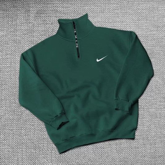 Erkek Yarım Fermuarlı Üç iplik Şardonlu Pamuklu Sweatshirt - Yeşil