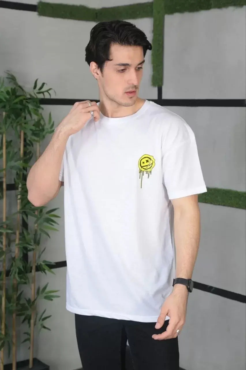 Unisex Bisiklet Yaka Baskılı Oversize T-Shirt - Beyaz