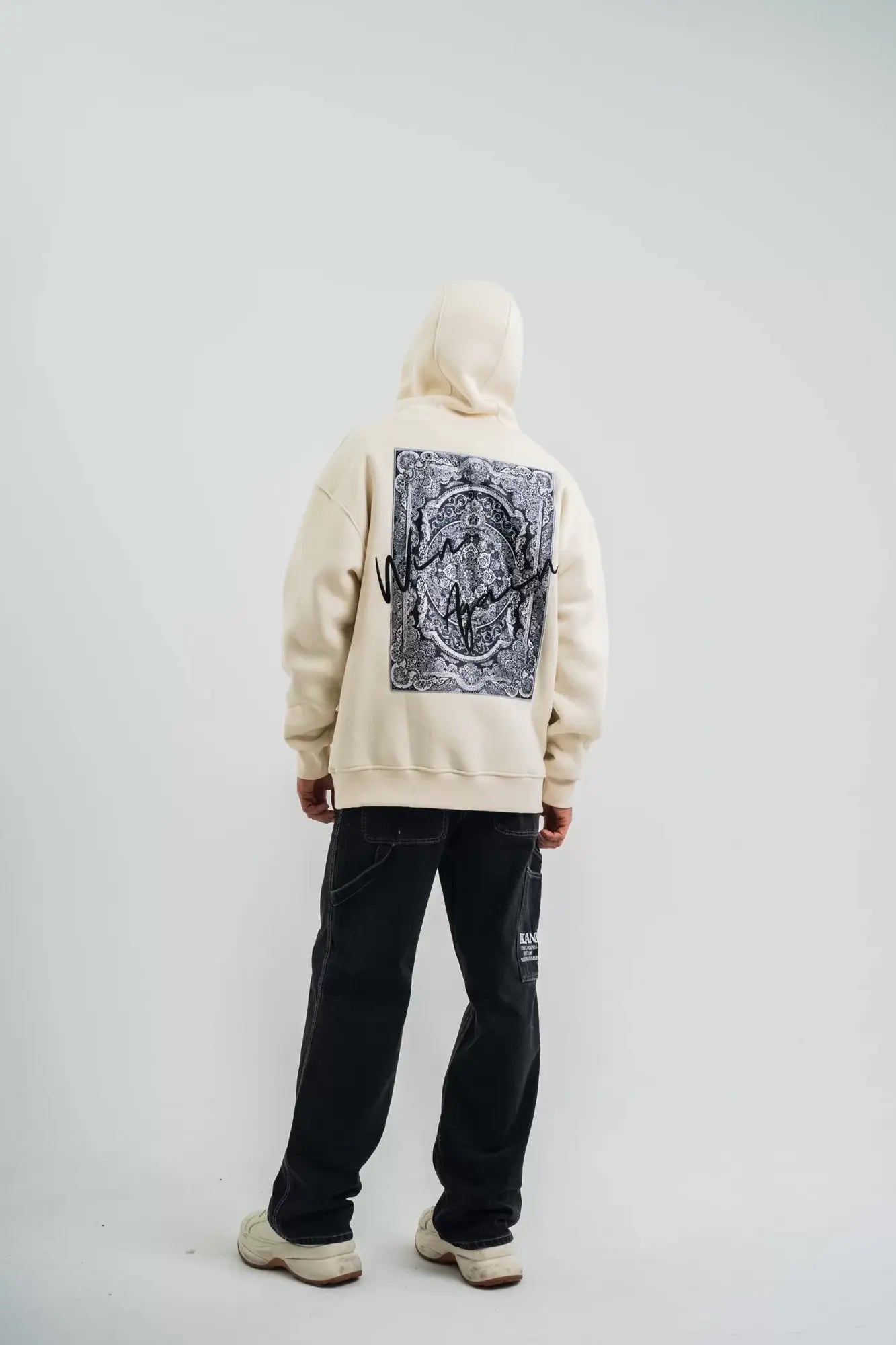 Erkek Kapşonlu Double Oversize Dijital Patchli SweatShirt - Krem