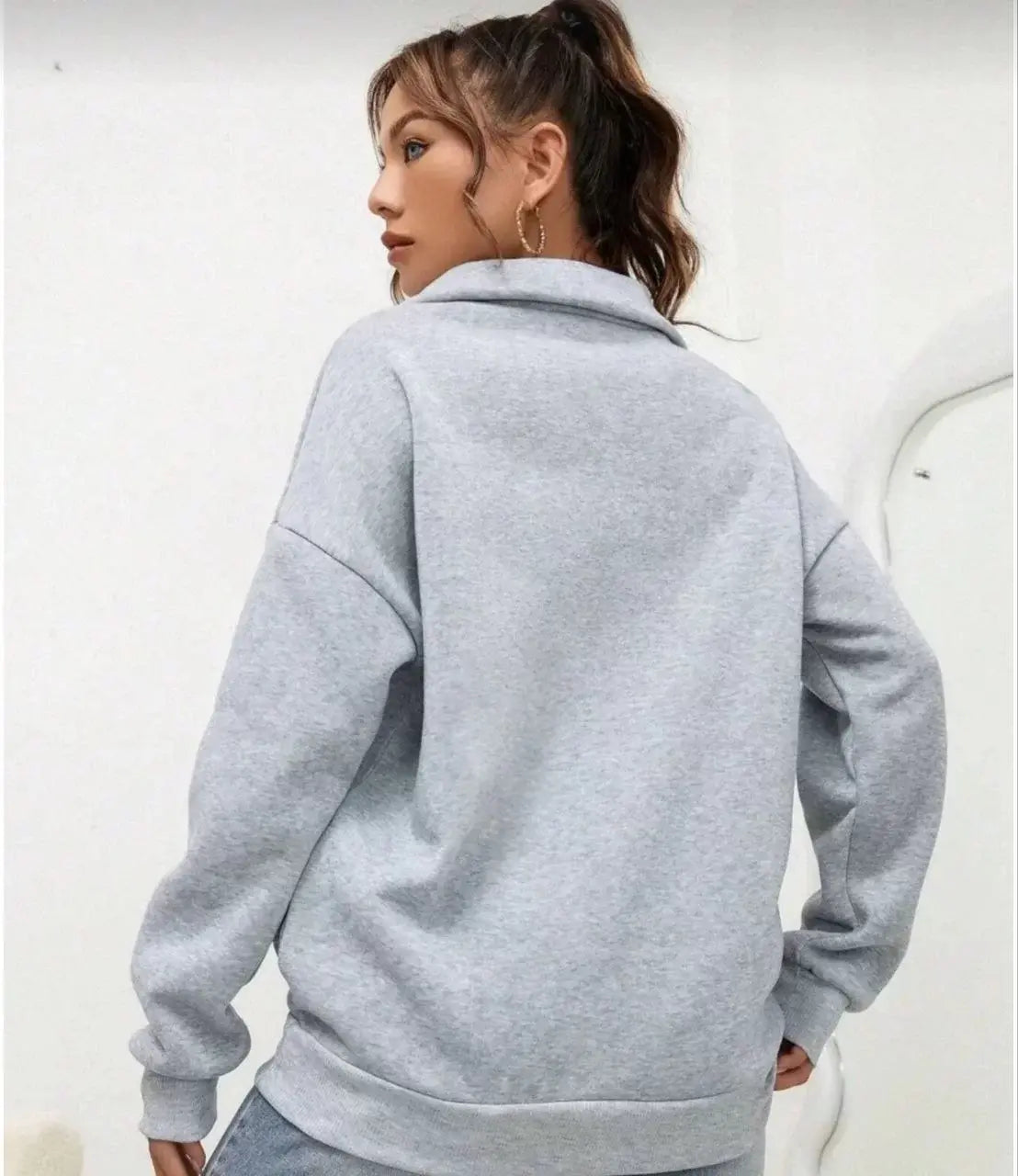 Unisex Uzun Kol Yarım Farmuarlı Yakalı Basic SweatShirt - Gri