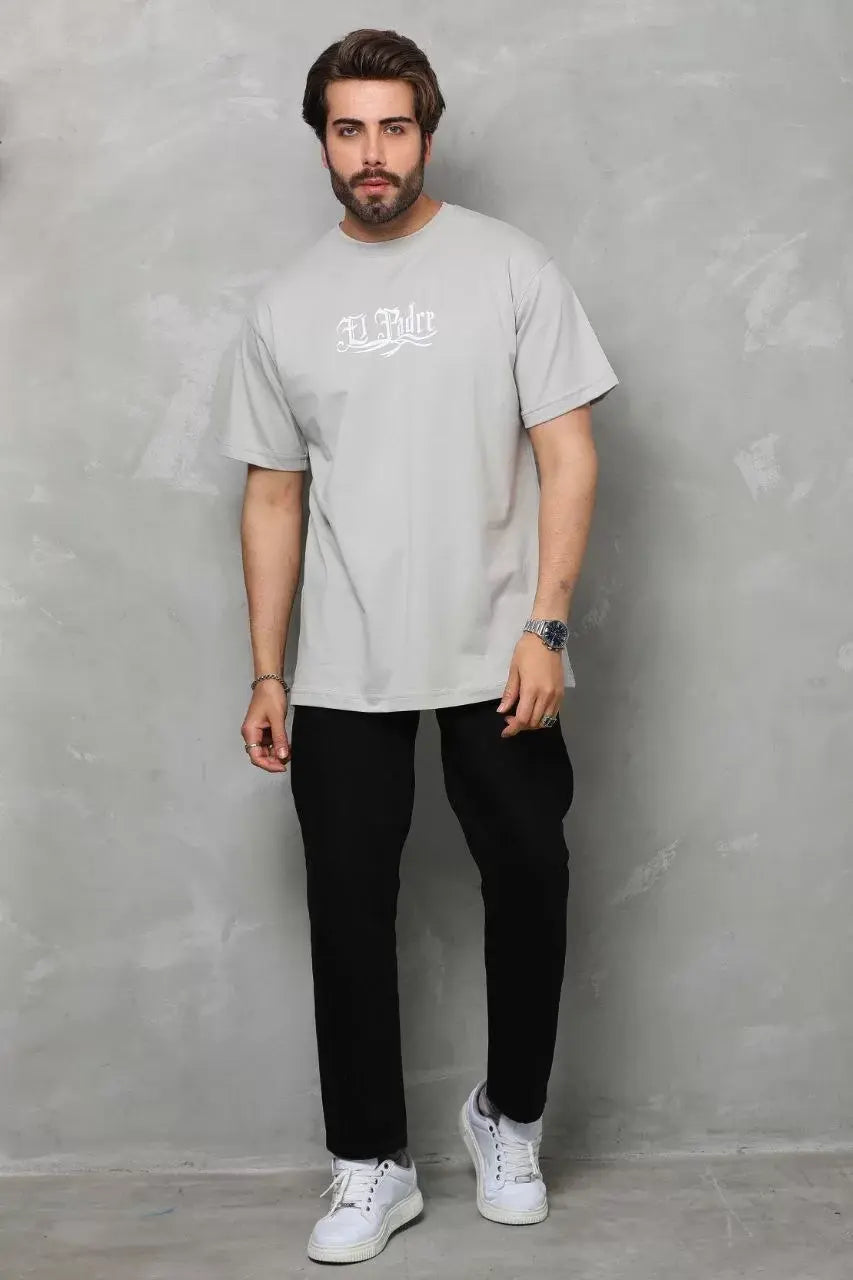 Unisex Bisiklet Yaka Baskılı Oversize T-Shirt - Gri