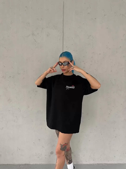 Unisex Bisiklet Yaka Baskılı Oversize T-Shirt - Siyah