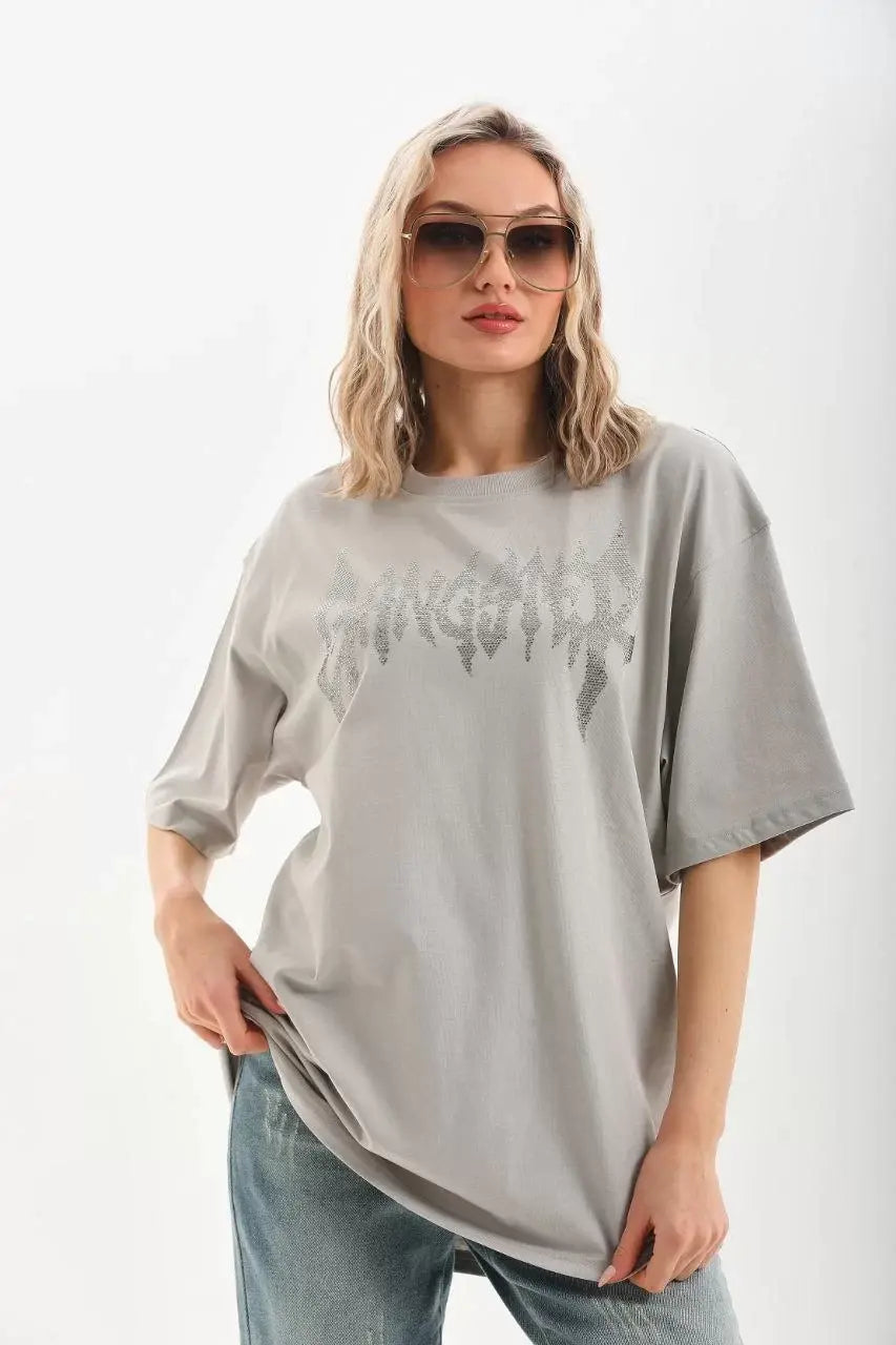 Unisex Taş Desenli Oversize T-Shirt - Gri