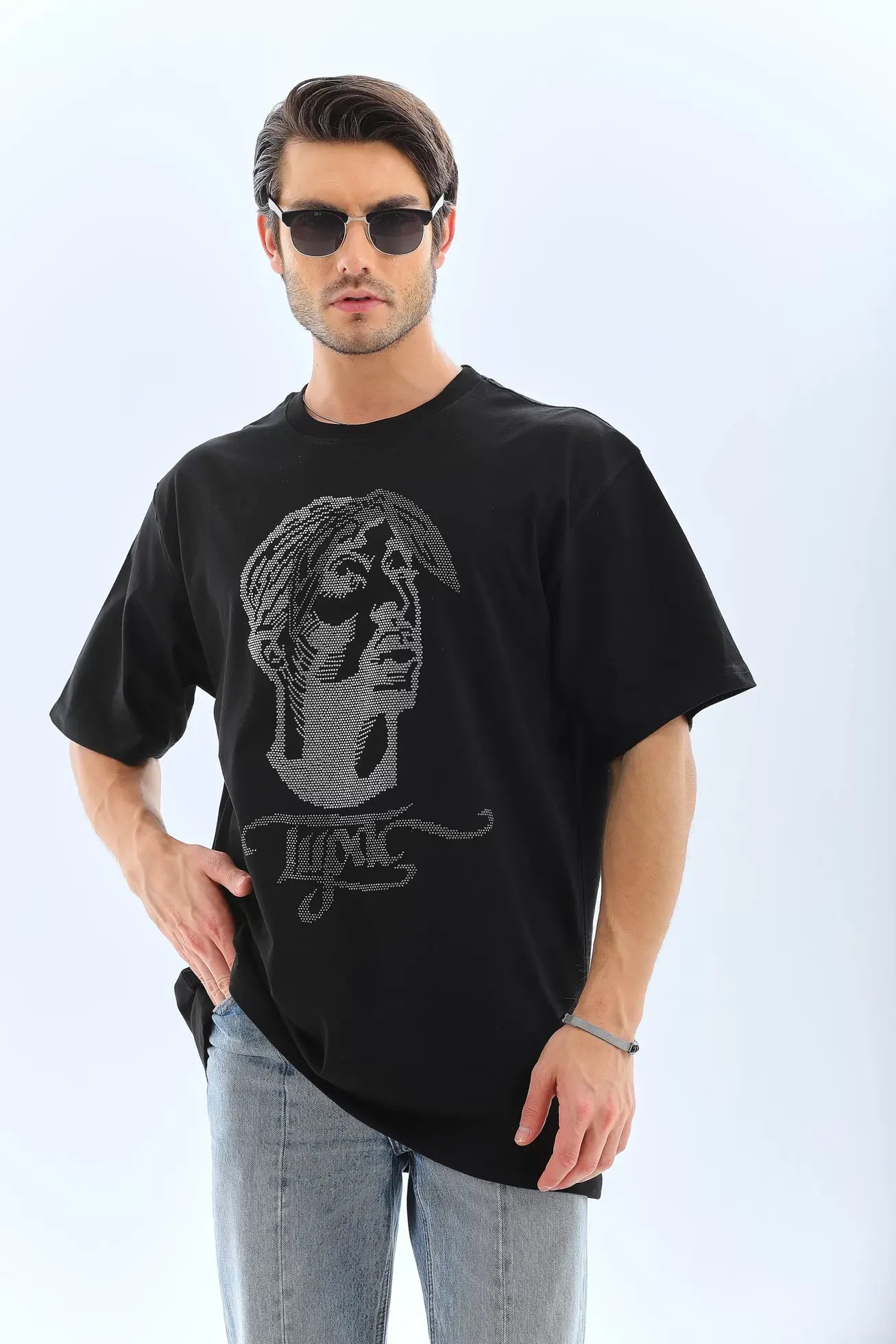 Unisex Oversize Taşlı Bisiklet Yaka T-Shirt - Siyah