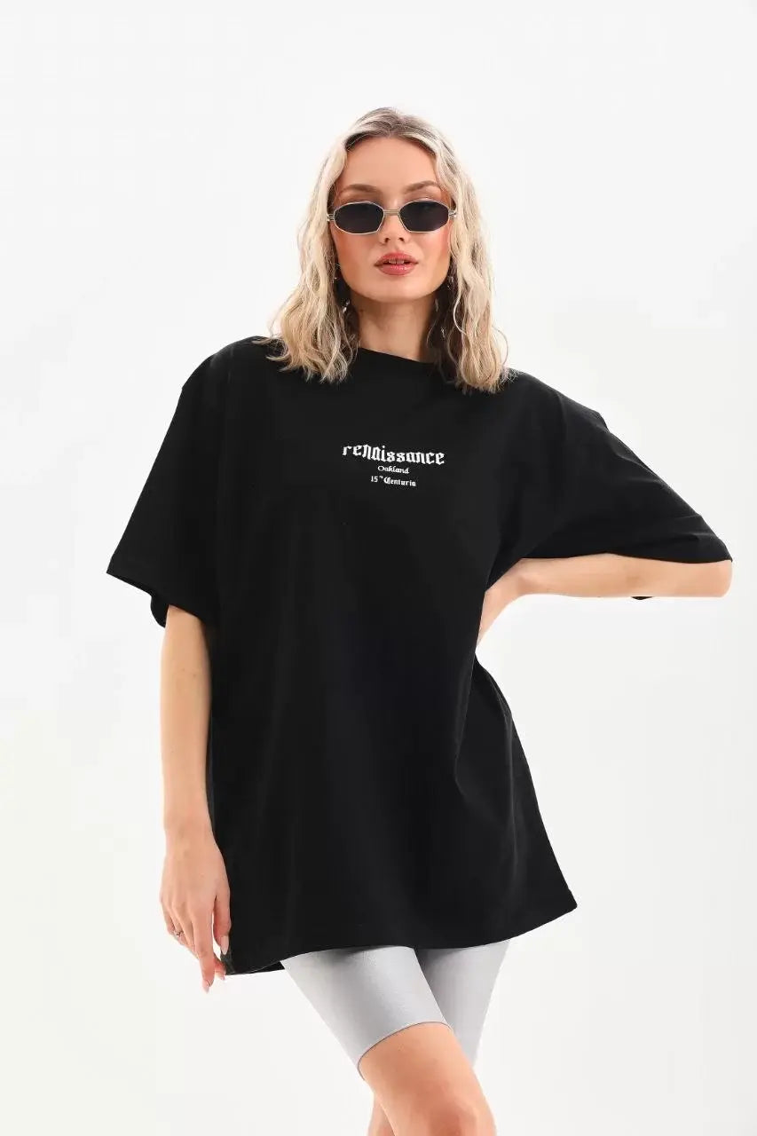 Unisex Baskılı Oversize T-Shirt - Siyah