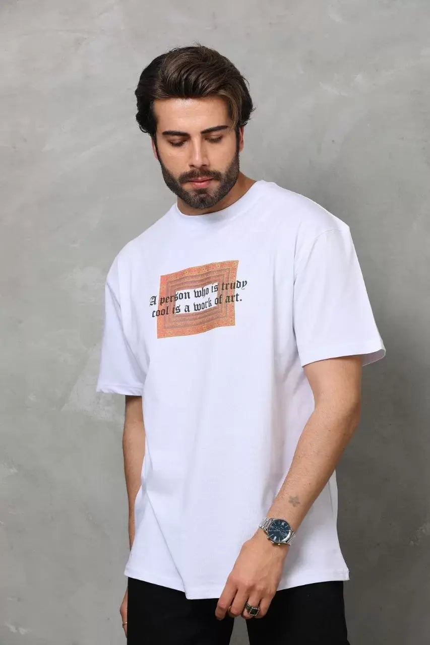 Unisex Bisiklet Yaka Baskılı Oversize T-Shirt - Beyaz