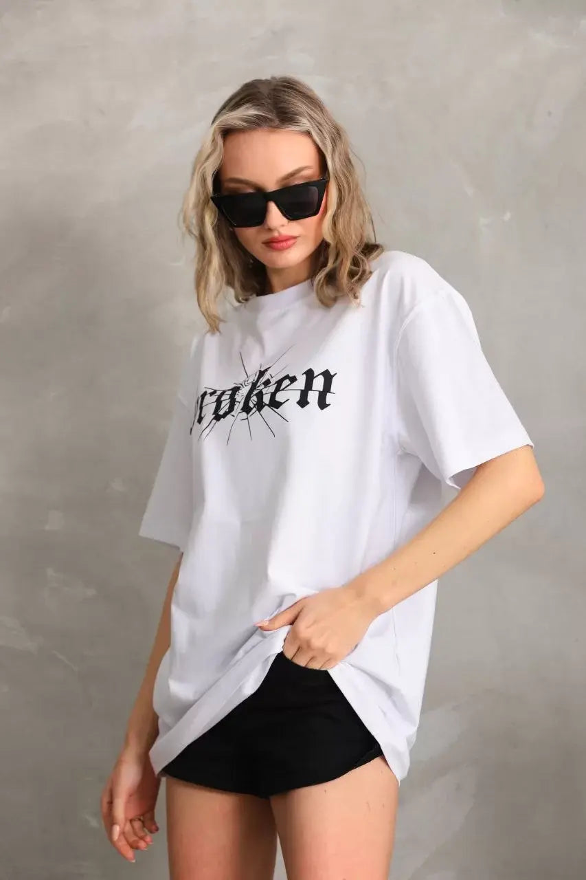 Unisex Baskılı Oversize T-Shirt - Beyaz