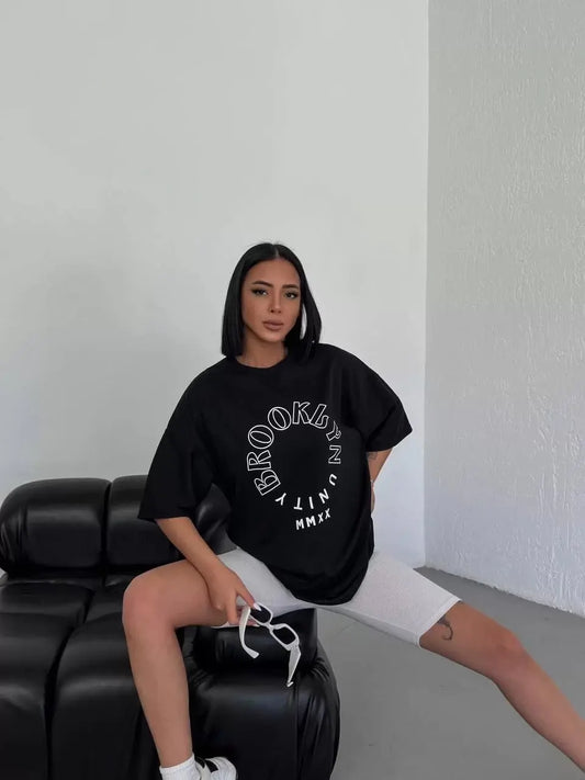 Unisex Bisiklet Yaka Baskılı Oversize T-Shirt - Siyah