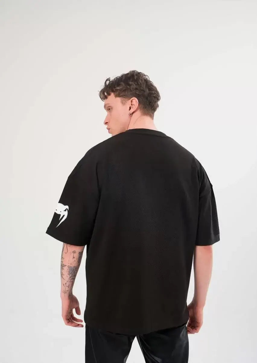 Unisex Bisiklet Yaka Baskılı Oversize T-Shirt - Siyah