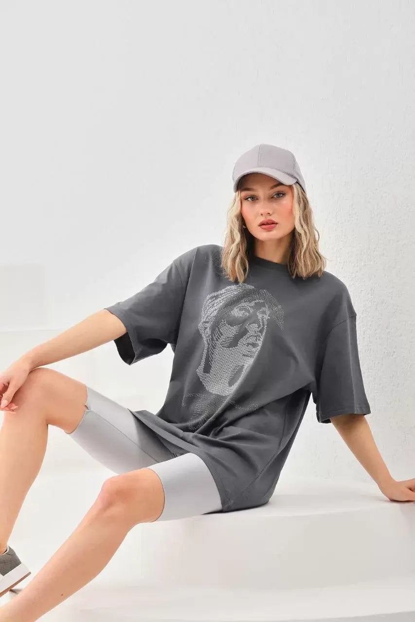 Unisex Taş Desenli Oversize T-Shirt - Füme