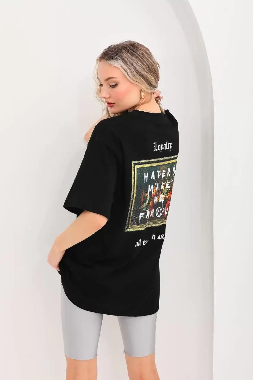 Unisex Baskılı Oversize T-Shirt - Siyah