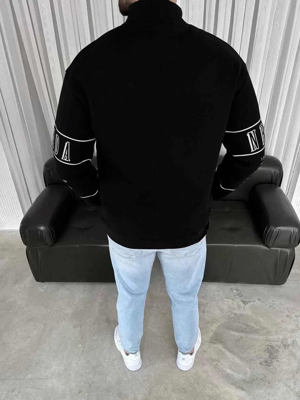 Erkek Yarım Fermuarlı Oversize Baskılı SweatShirt - Siyah