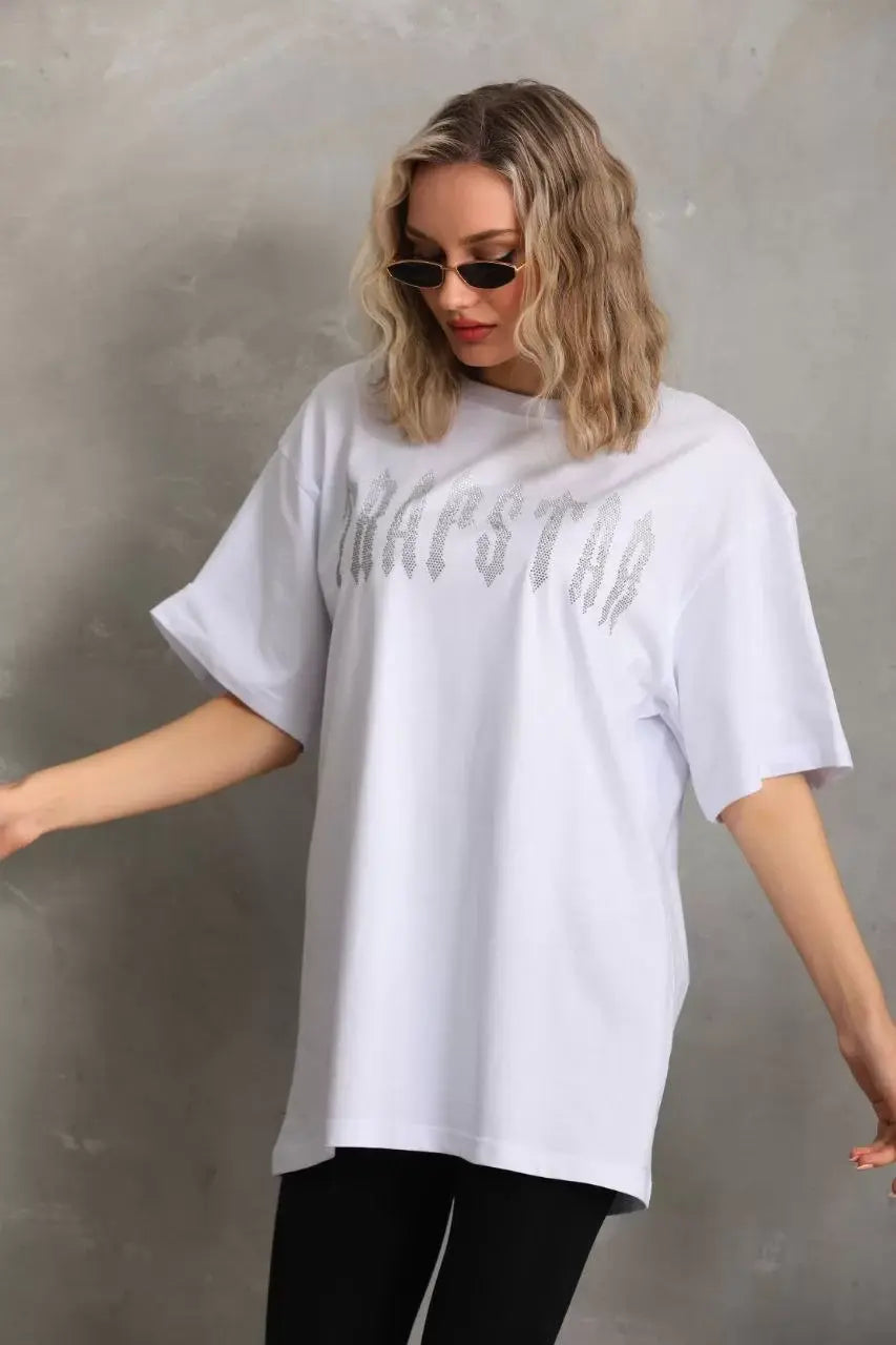 Unisex Taş Desenli Oversize T-Shirt - Beyaz