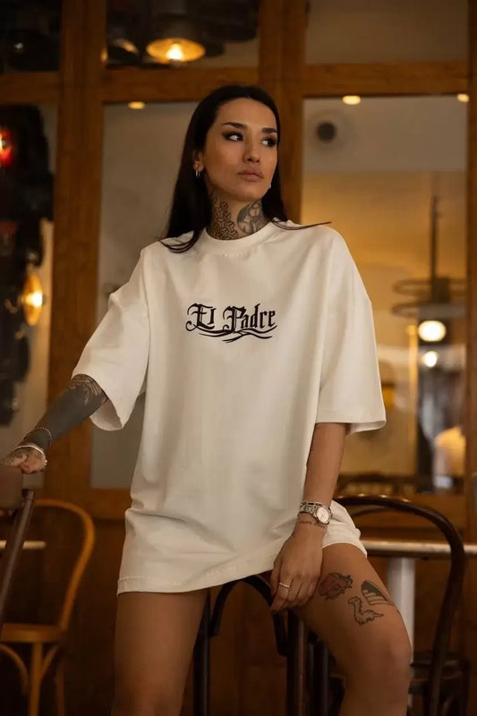 Unisex Bisiklet Yaka Baskılı Oversize T-Shirt - Beyaz