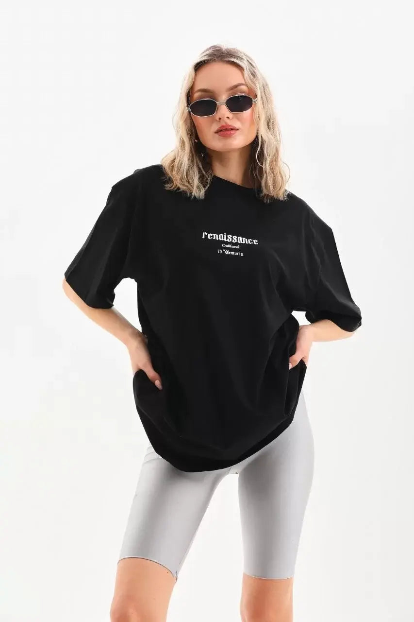 Unisex Baskılı Oversize T-Shirt - Siyah