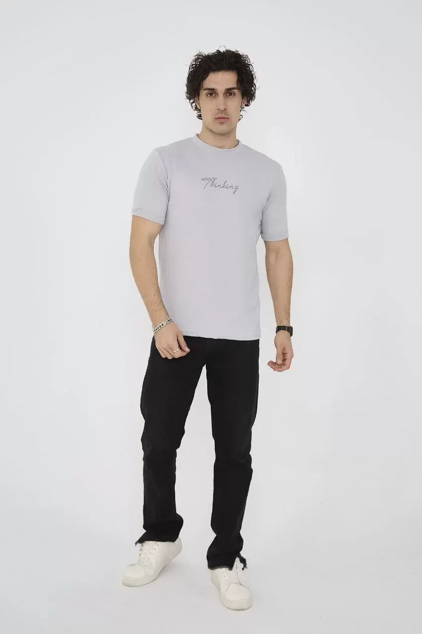 Unisex Bisiklet Yaka Slim fit T-Shirt- Boyalı Gri