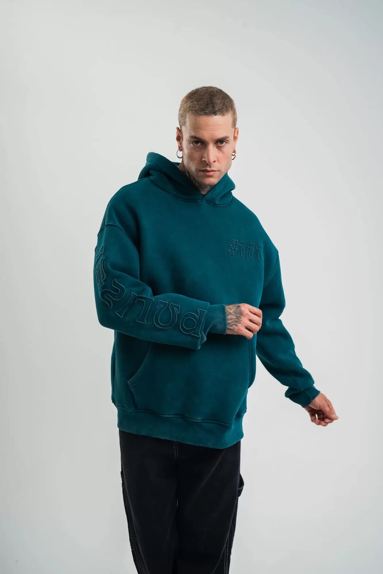 Kapşonlu Double Oversize Yıkamalı Evalı Nakışlı SweatShirt - Koyu Deniz Yeşili