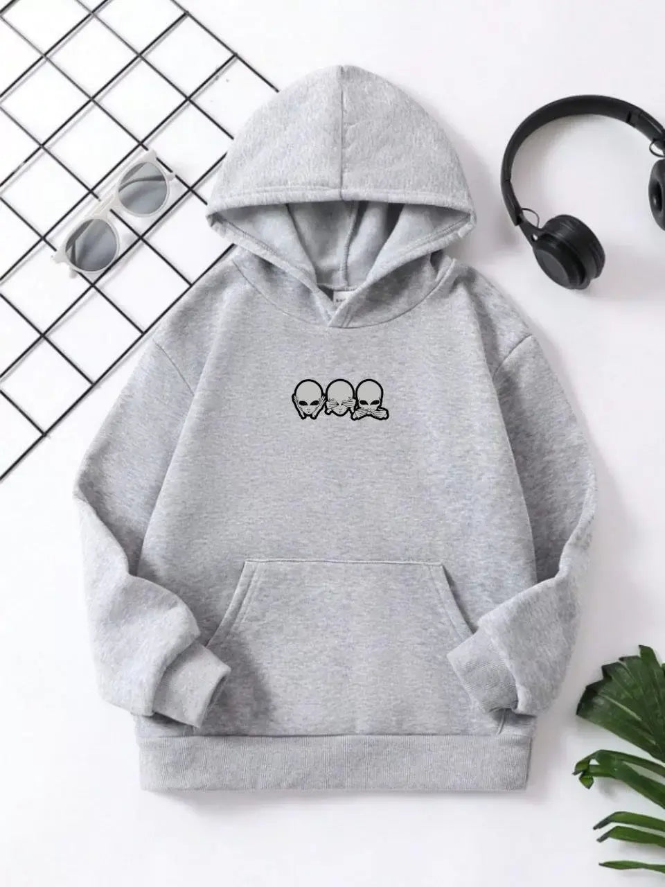 Çocuk Unisex Kapüşonlu Mini Kafa Baskılı Pamuklu Sweatshirt - Gri