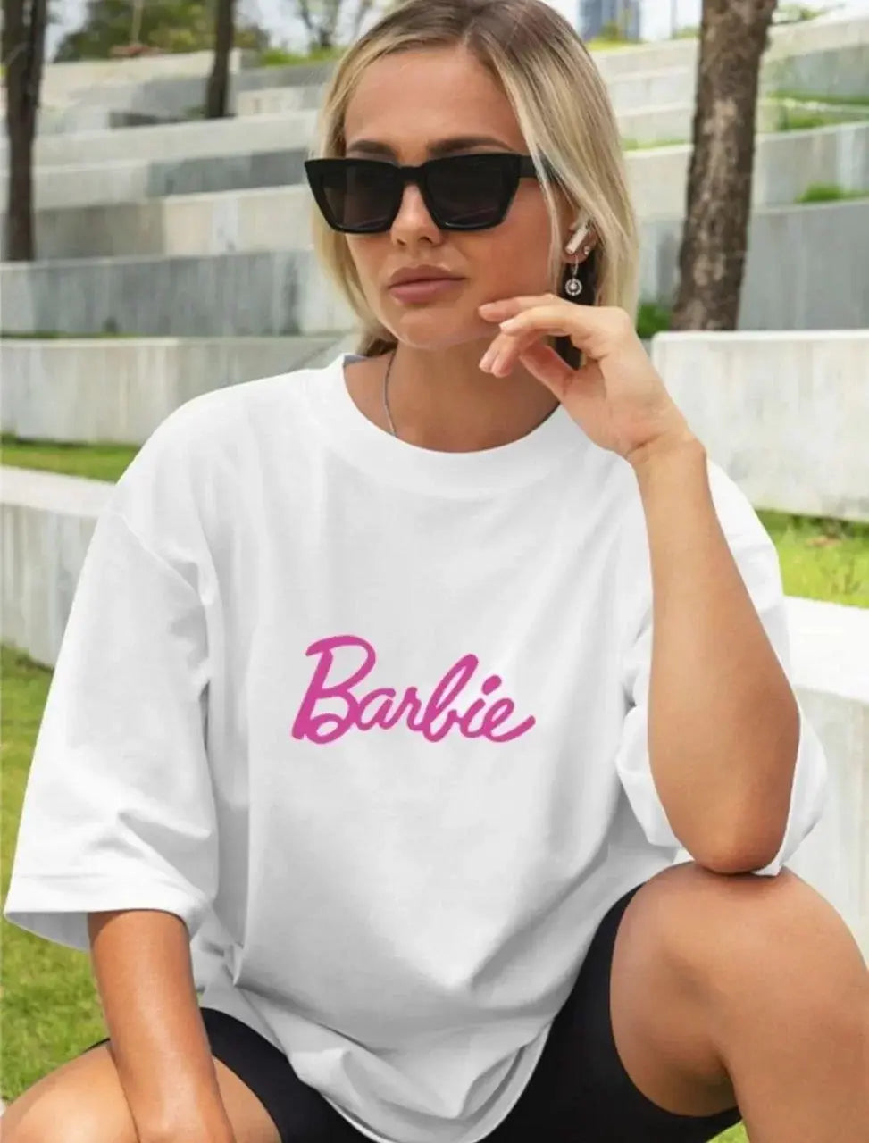 Kadın Baskılı Oversize T-shirt - Beyaz