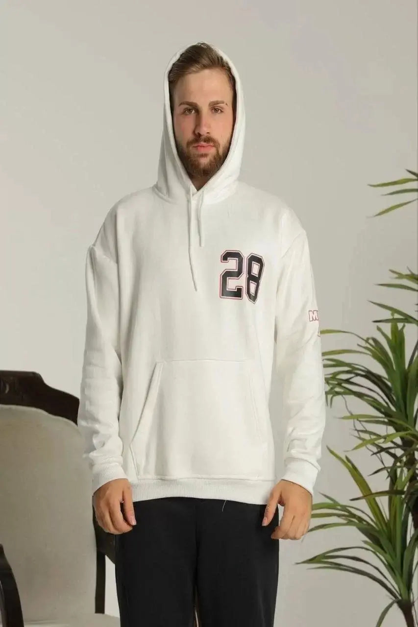 Erkek Sırt Baskılı Oversize Üç İplik Kapüşonlu Sweatshirt - Beyaz