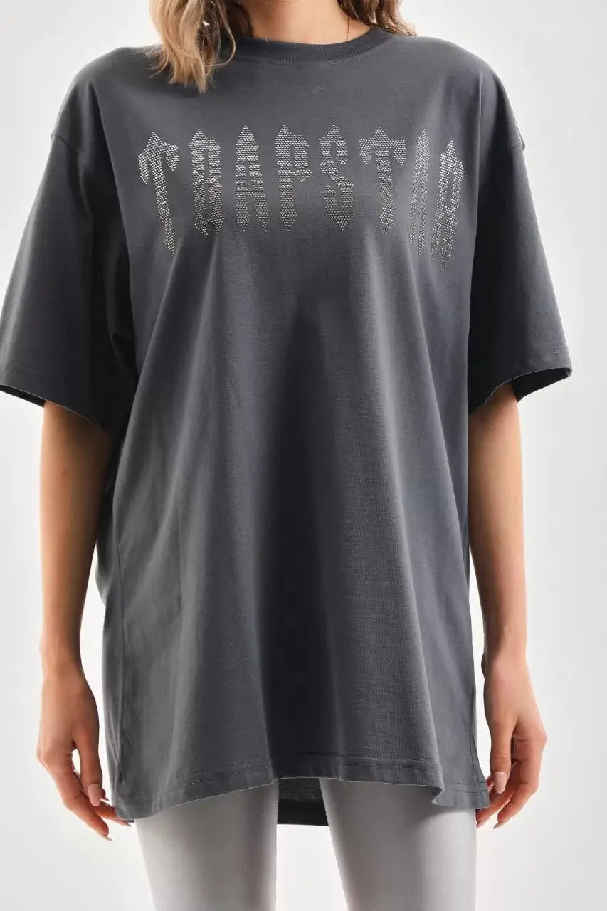 Unisex Taş Desenli Oversize T-Shirt - Füme