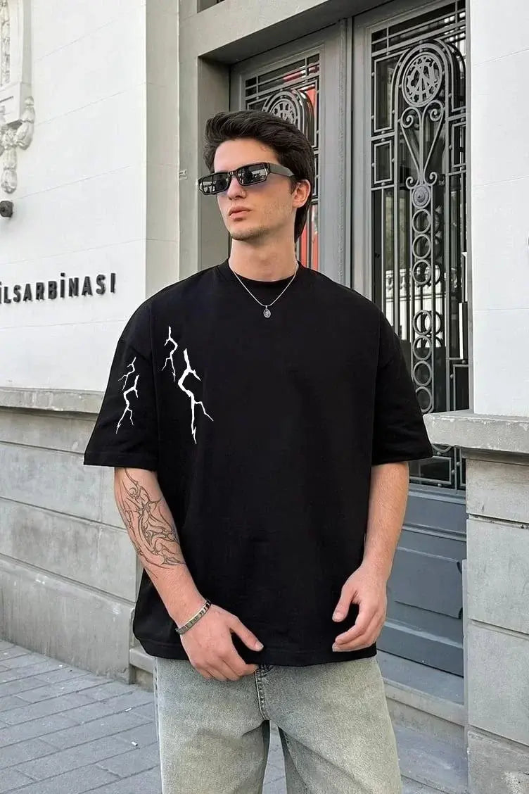 Unisex Bisiklet Yaka Baskılı Oversize T-Shirt - Siyah