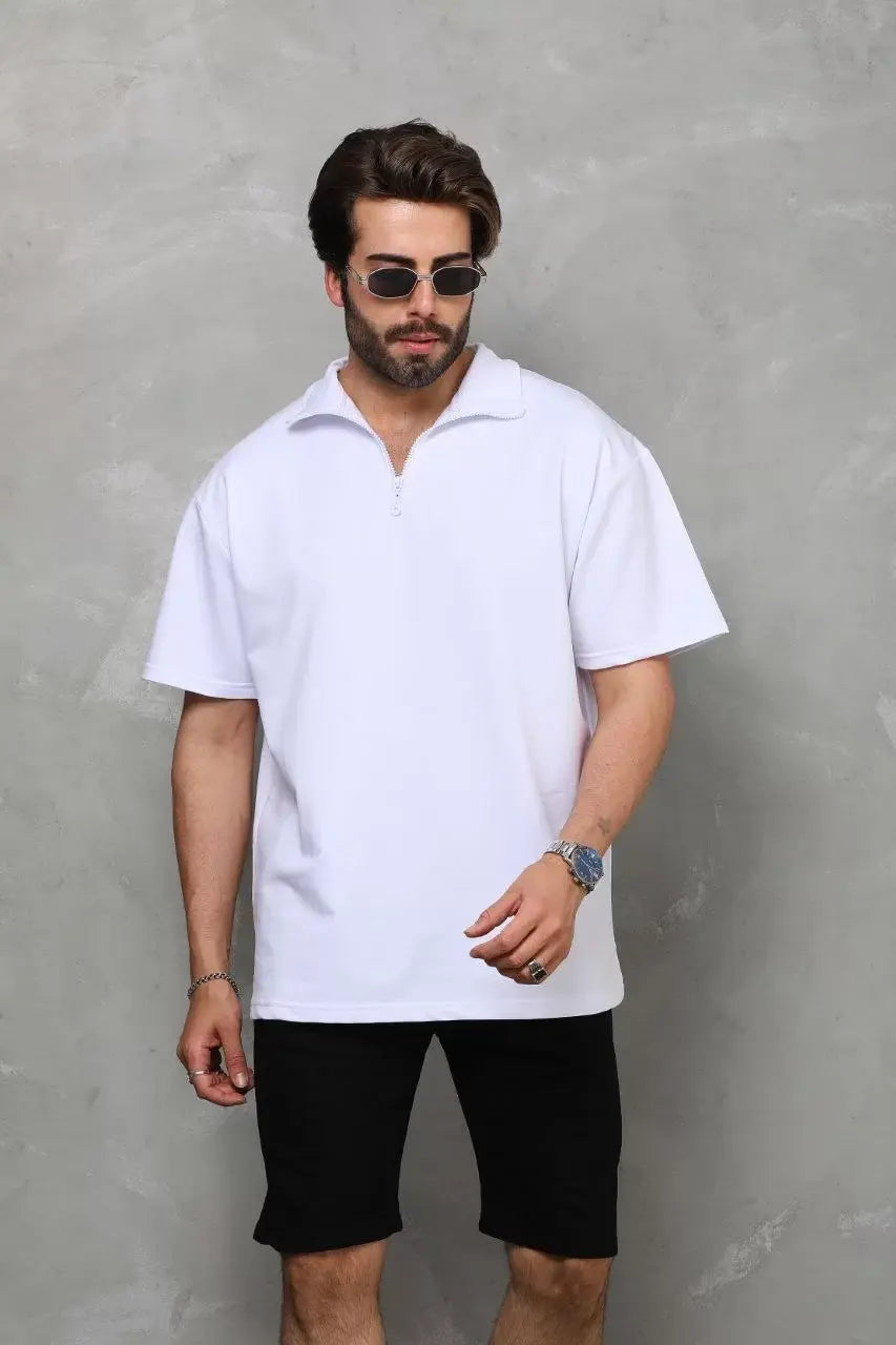 Unisex Yarım Fermuarlı Düz Oversize T-shirt - Beyaz