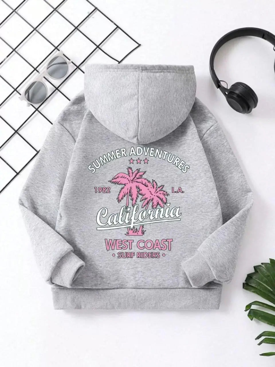 Çocuk Unisex Kapüşonlu Ön ve Arka California Baskılı Sweatshirt - Gri