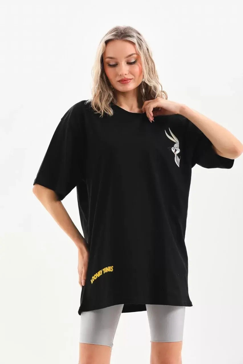 Unisex Baskılı Oversize T-Shirt - Siyah