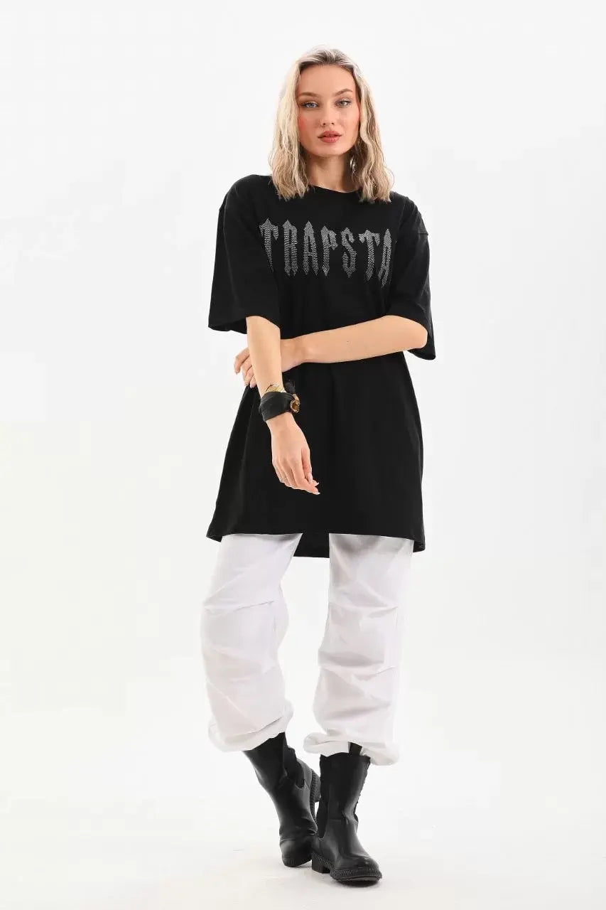 Unisex Taş Desenli Oversize T-Shirt - Siyah