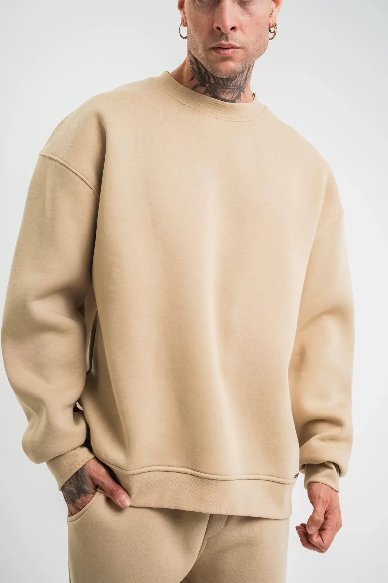 Uzun Kol Bisiklet Yaka Basic SweatShirt - Bej