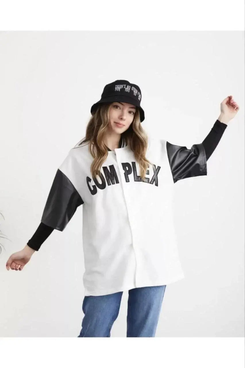 Kadın Complex Kolları Deri Kolej Oversize T-shirt - Beyaz