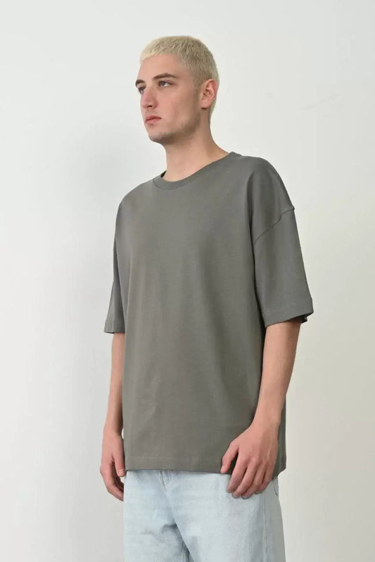 Unisex Basic Bisiklet Yaka Oversize T-Shirt - Füme