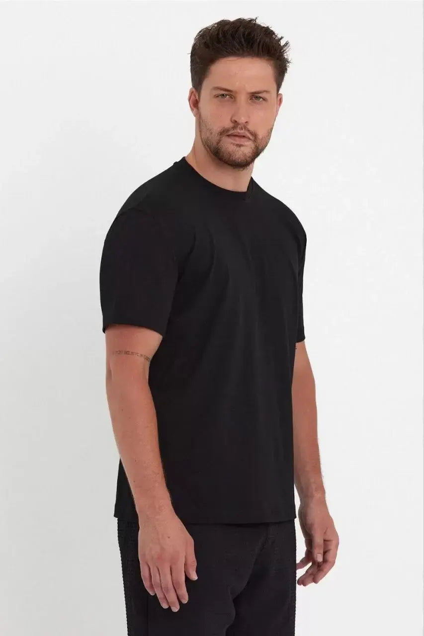 Unisex Düz Biskilet Yaka Oversize T-shirt - Siyah