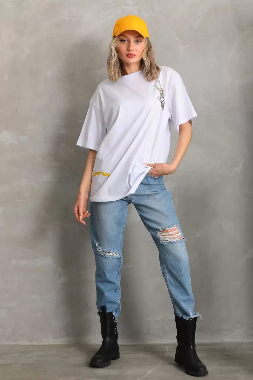 Unisex Baskılı Oversize T-Shirt - Beyaz