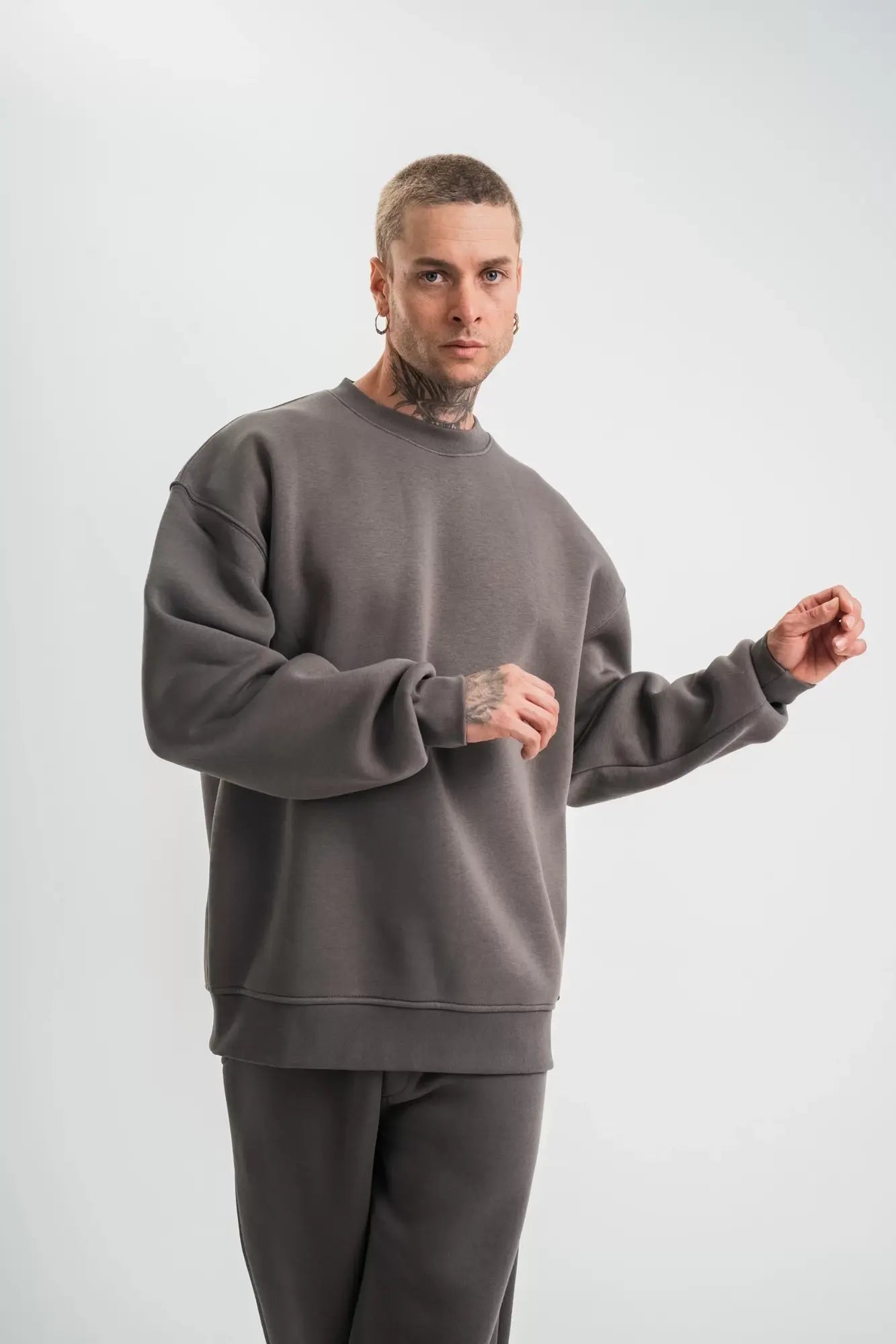 Uzun Kol Bisiklet Yaka Basic SweatShirt - Füme