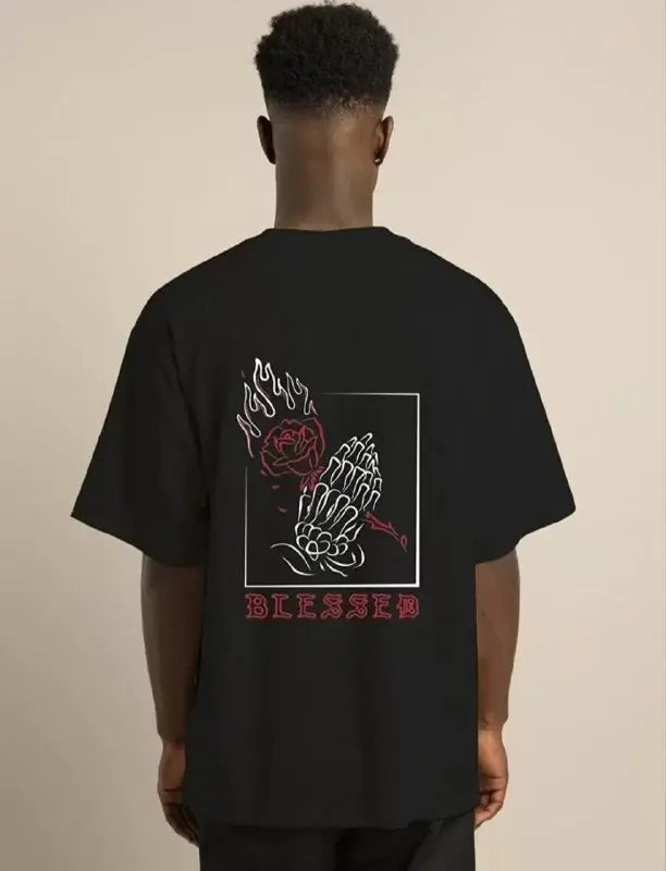 Unisex Bisiklet Yaka Oversize Baskılı T-Shirt - Siyah