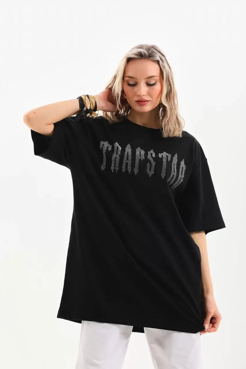 Unisex Taş Desenli Oversize T-Shirt - Siyah