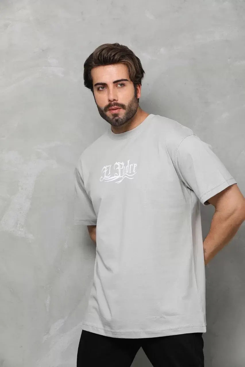 Unisex Bisiklet Yaka Baskılı Oversize T-Shirt - Gri